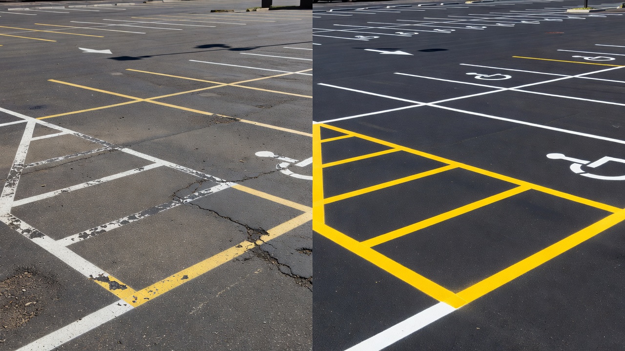 Before and after parking lot restriping